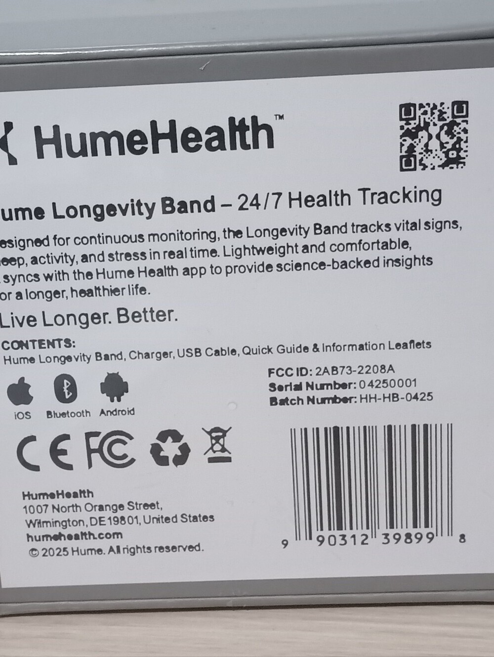 Humehealth Longevity Band - Black Fitness & Health Tracker